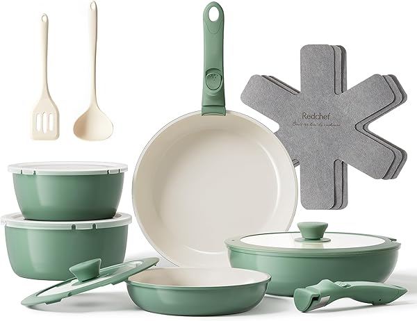 Redchef Pfannenset Topfsets 16-Teilig Antihaft-Keramik-Kochgeschirr-Set mit Abnehmbaren Griff, Pfanne 20/26cm, Tiefe Bratpfanne 26cm, Topf 18/20cm, Stapelbar Topfset Für alle Herdarten, Ofenfest Grün