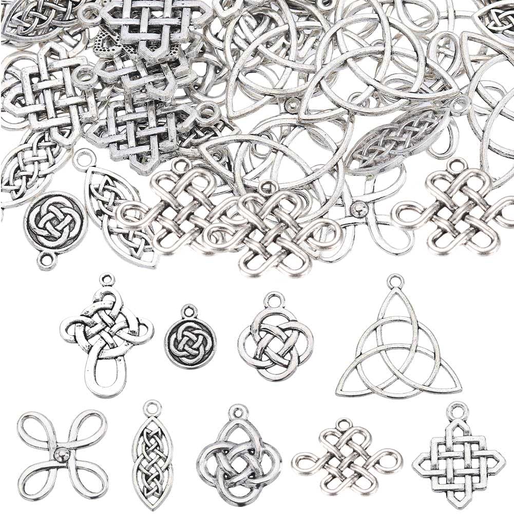 SUNNYCLUE 1 Box 72Pcs Knot Charms Silver Celtic Knot Charm Bulk Alloy Irish Chinese Tibetan Antique Style Hollow Trinity Connector Charms for Jewellery Making Charme Necklace Bracelet Earring Crafts