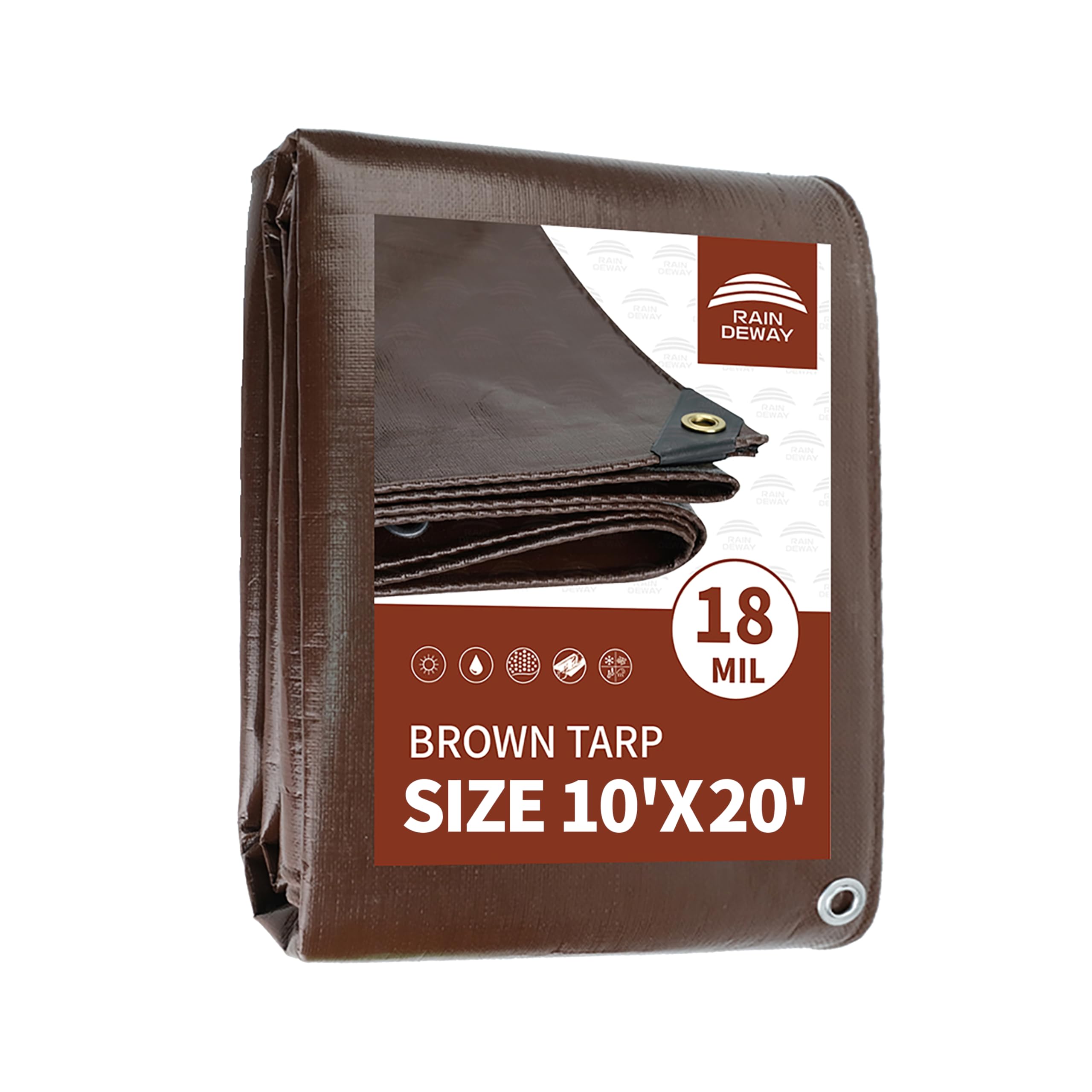 RAINDEWAY 10x20 Feet Super Heavy Duty Tarp 18 Mil,UV Resistant, Weatherproof, Multipurpose Waterproof Poly Tarp Cover with Grommets and Reinforced Edges,Brown Tarps Image