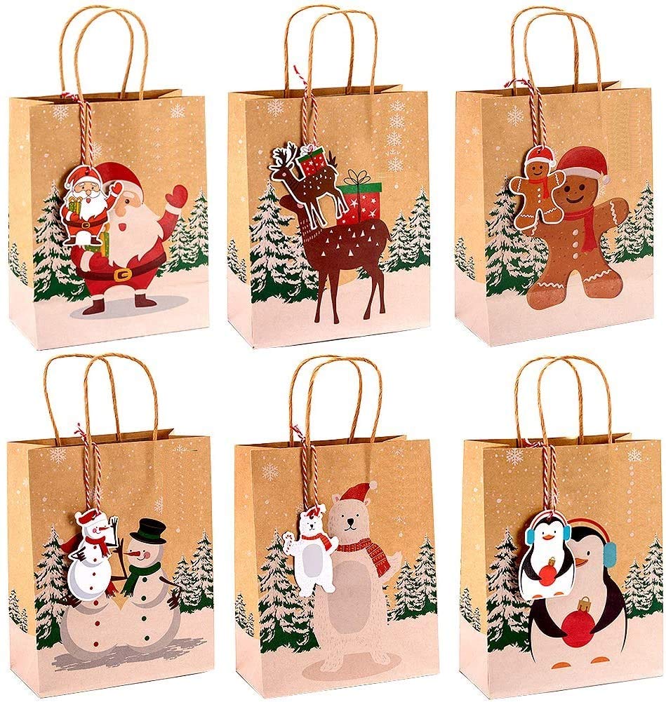 KAHEIGN 24Pcs Christmas Bags Gift Bags, 23 x 18 x 9CM Kraft Paper Bags Christmas Theme Goody Bags Xmas Party Bags Candy Paper Boxes for Christmas Party Decorations Supplies - with 24Pcs Christmas Tags