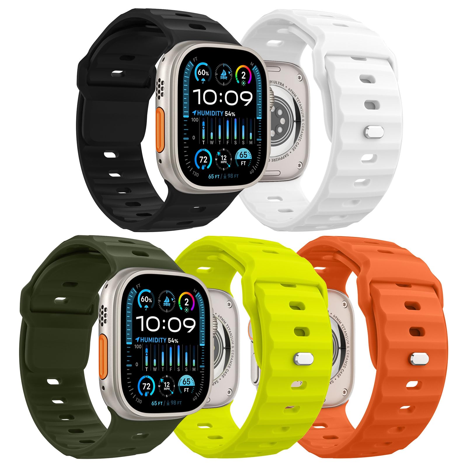 MoKo 5Pack Ocean Band Compatible with Apple Watch Ultra 2 Strap 49mm 46mm 45mm 44mm 42mm for Men Women, Silicone Replacement Wrist Band for iWatch Series 10 9 8 7 6 5 4 SE Ultra 2, ColorE