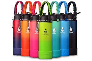 Farsea Insulated Water Bottle With Paracord Handle, Protective Silicone Boot and 2 Lids (Straw Lid & Spout Lid), Stainless Steel Water Bottle Wide Mouth, Double Wall Sweat-Proof BPA-Free, 24 oz
