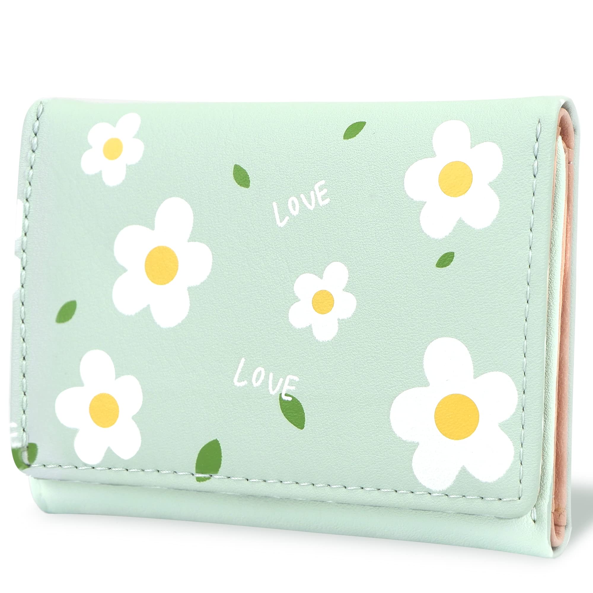 conisy Cute Slim Womens Leather Wallet,Small RFID Blocking Trifold Wallets for Girls and Ladies with ID Window (Green Flower)