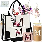 AiHeart Valentine's Day Gifts,Birthday Gift for Women,Initial Canvas Tote Bag,Personalized Gifts for Women,16oz Glass Cup With Straw,Jewelry Storage Box,Monogrammed Gift for Woman Mom Sister Bestie-M