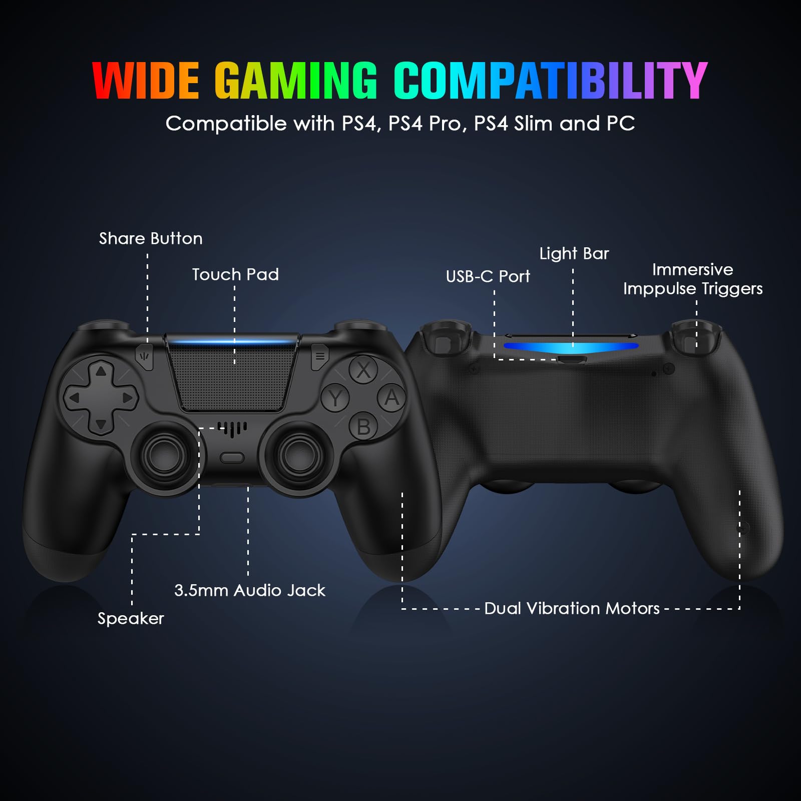 2 Pack Controllers with Charging Dock Station for PS4 Controller, Wireless Controller Compatible with PS4/Pro/Slim Consoles, with LED Charging Dock, Black