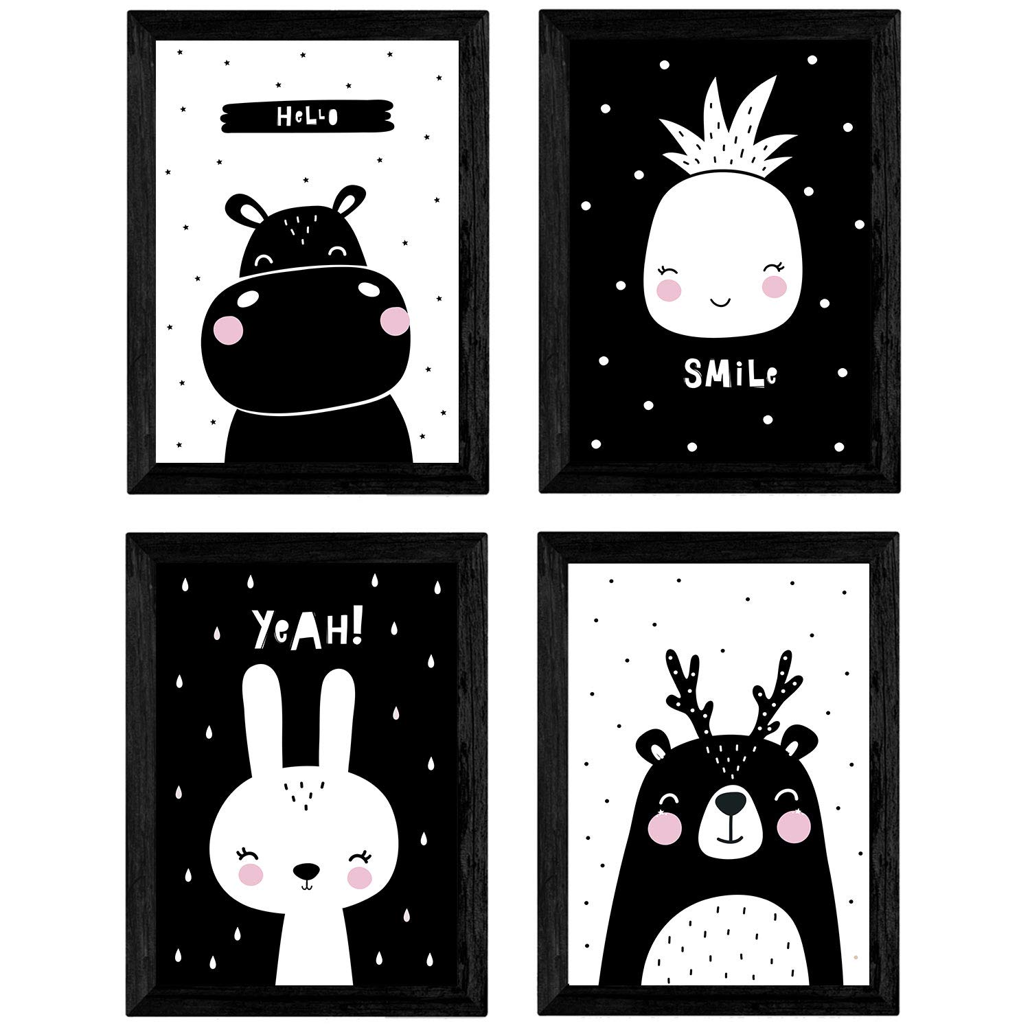 Nacnic Set 4 sheets Polar bear, rabbit, hipopotamo and pineapple. Posters animals. A4 unframed