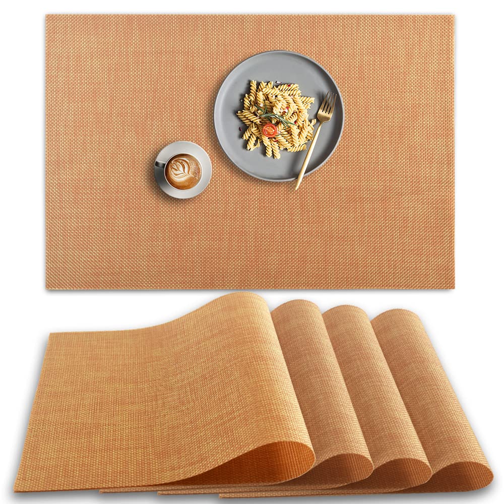 homEdge PVC Placemat, 4 PCS of Non-Slip Heat Resistant Place Mats, Washable Vinyl Placemats, Set of 4 –Dark Golden