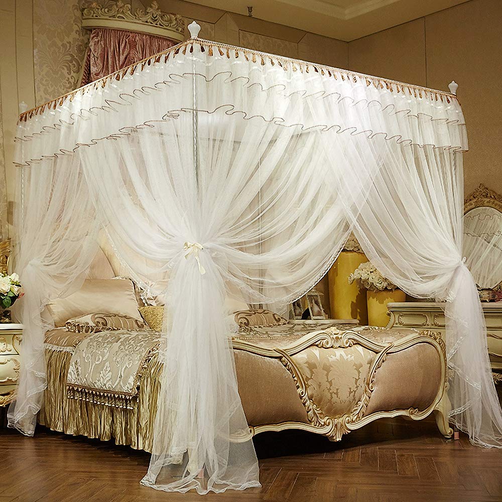 Photo 1 of JQWUPUP Luxury Bed Curtains Canopy, Ruffle Tassel 4 Corner Post Canopy Netting, Bed Canopy for Girls Kids Adult, Bedding Décor (Queen, White)
