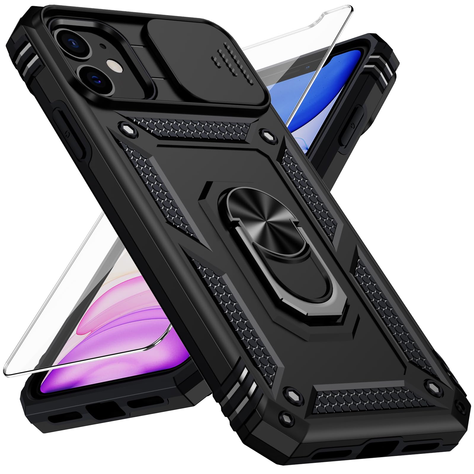 Photo 1 of Vinve for iPhone 12 Case, iPhone 12 Pro Case, Slide Lens Cover, HD Screen Protector, Military Grade Drop Protection, Magnetic Rotated Ring Holder Kickstand Phone Case (Black)