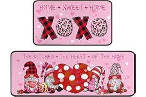 Xsinufn Valentines Day Kitchen Mat Set 2 Piece,Valentines Day Gnomes Buffalo Plaid XOXO Decorative Kitchen Rugs,Valentines Hearts Low-Profile Kitchen Mats for Home Kitchen (17"x48"+17"x30" Pink)