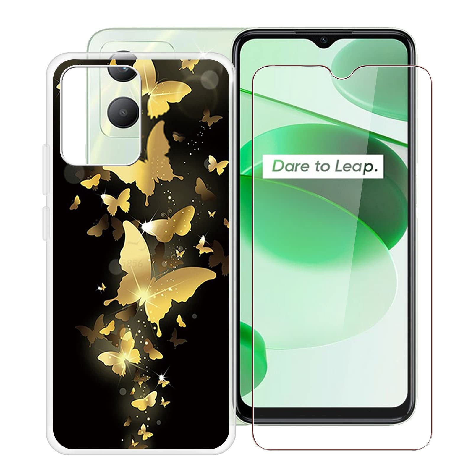 HHUAN Mobile Phone Case for Realme C35 RMX3511 (6.60 Inches) + Tempered Glass, Ultra Thin Transparent TPU Silicone Bumper Case + Tempered Glass Film for Realme C35 RMX3511 - WMA30