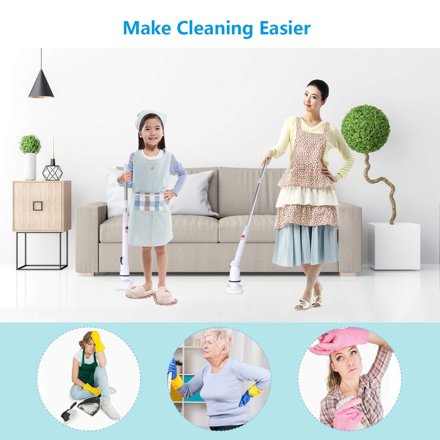 amzdeal Electric Floor Scrubber, 360 Cordless Bathroom Scrubber with 4 Replaceable Brushes and 1 Extendable Handle for Home Use