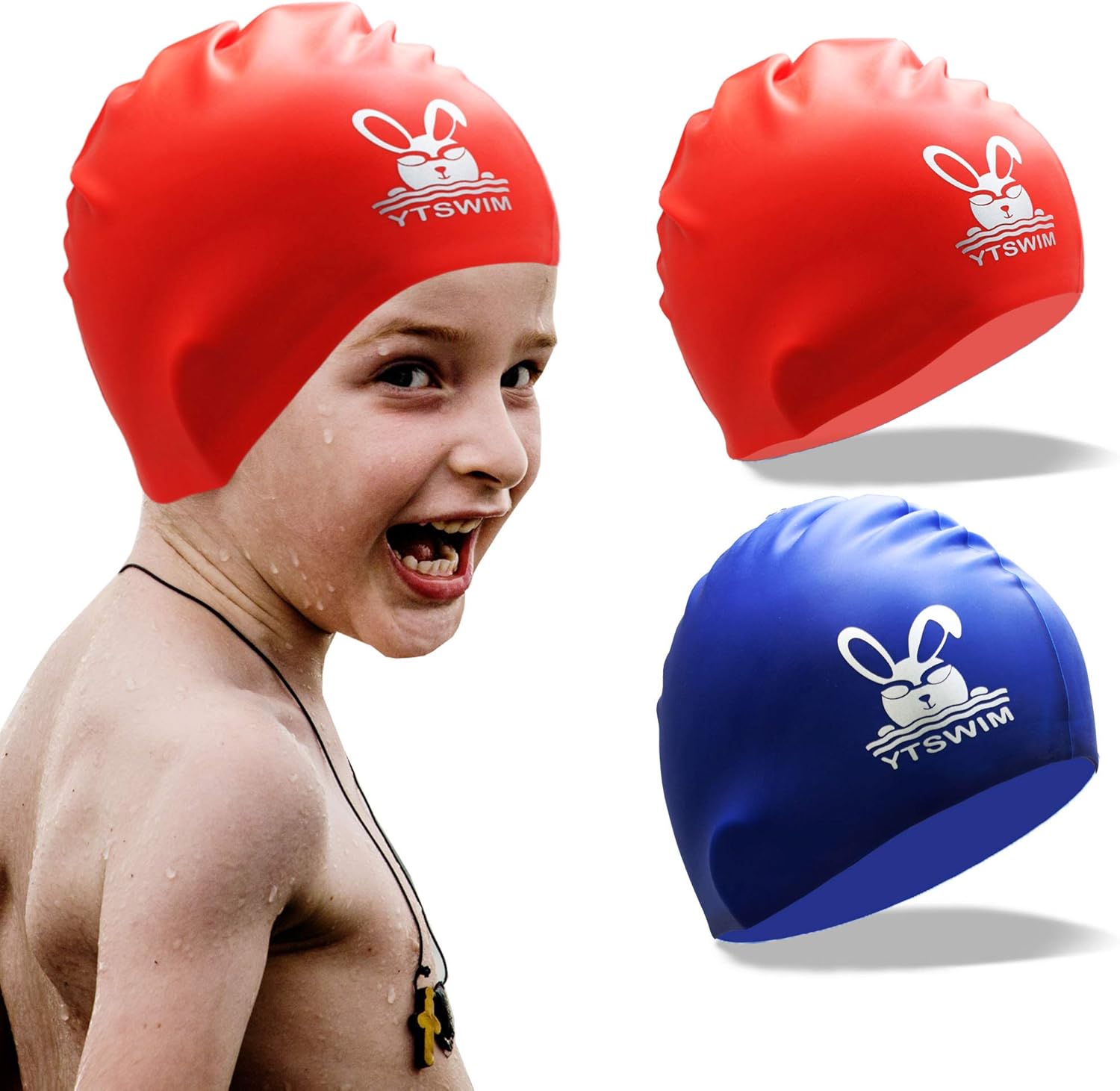 YTSWIM Silicone Swim Caps for Kids, Child, Pack of 2, Multiple Choice