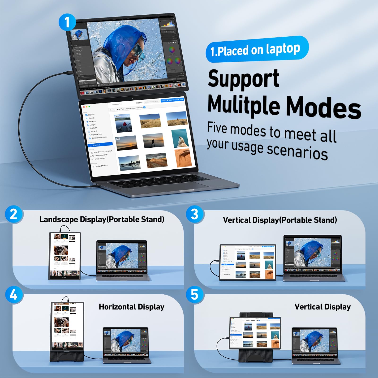 Laptop Screen Extender Monitor Portable - 16.1'' FHD 1200P Portable Screen for Laptops, 360° Rotating, Plug & Play, Detachable Stand, Height Adjustable Laptop Monitor Extender for Mac/Win/Phone/Tablet