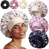 3+3 Large Satin Bonnets with Scrunchies for Women, Wide Band Hair Bonnet for Sleeping Braids Curly Hair