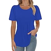 AURUZA Womens T Shirts, Short Sleeve Tops Dressy Casual Pleated Summer Shirts Scoop Neck Tshirts Tunic Tops Fashion