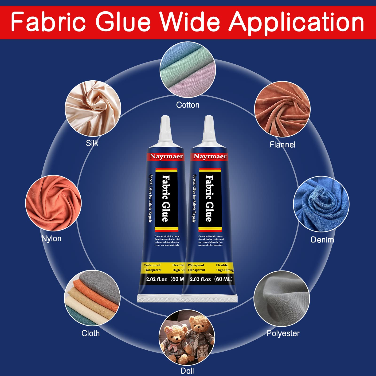 Fabric Glue, Permanent Clear Washable Clothing Adhesive for All Fabrics, Cotton, Flannel, Denim, Leather, Polyester, Doll Repair, 24 Hours Dry and Waterproof (FG60g)