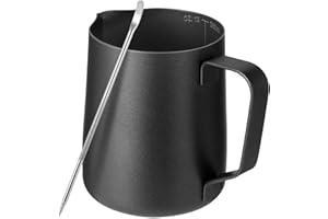 LIFHAP Milk Frothing Pitcher,Milk Steaming Frother Cup,Barista Cappuccino Latte Art Milk Jug with Decorating Pen,Stainless Steel Espresso Coffee Bar Accessories Tools (Black, 12oz)