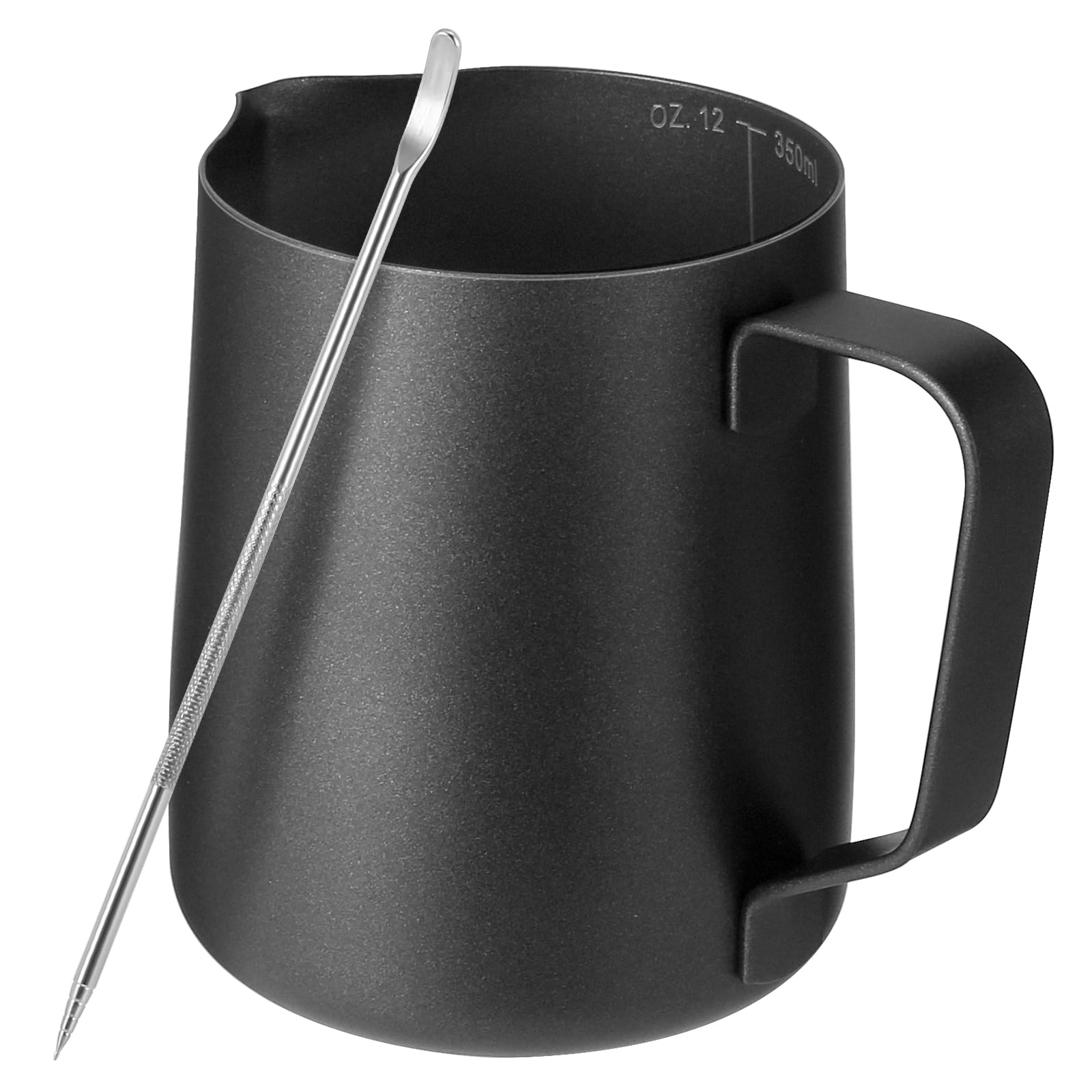 Photo 1 of Milk Frothing Pitcher,Milk Steaming Frother Cup,Barista Cappuccino Latte Art Milk Jug with Decorating Pen,Stainless Steel Espresso Coffee Bar Accessories Tools (Black, 12oz)