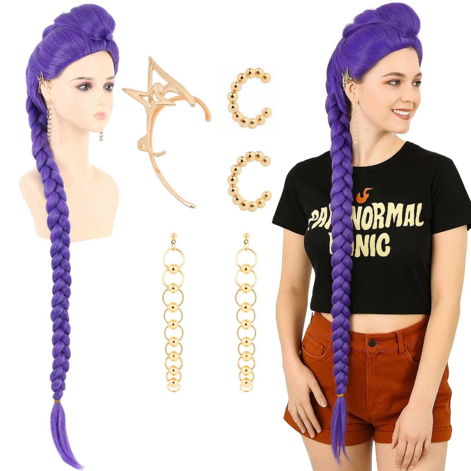 Photo 1 of 47 Inches Long Purple Braided Hair Anime Costume Wig – High Temperature Heat Resistant Silk Fiber – Natural Looking Cosplay Wig for Halloween Party, Cosplay (Purple, Adult Size)