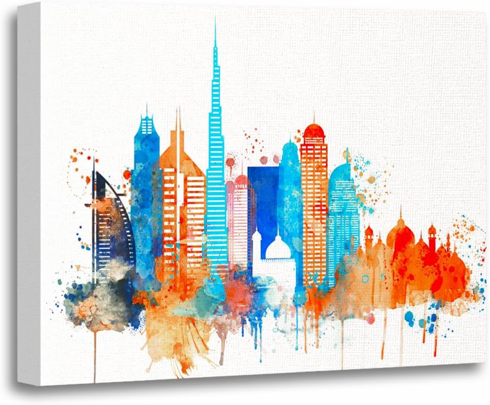 TORASS Canvas Wall Art Print Dubai Watercolor Skyline Artwork for Home Decor 12" x 16"
