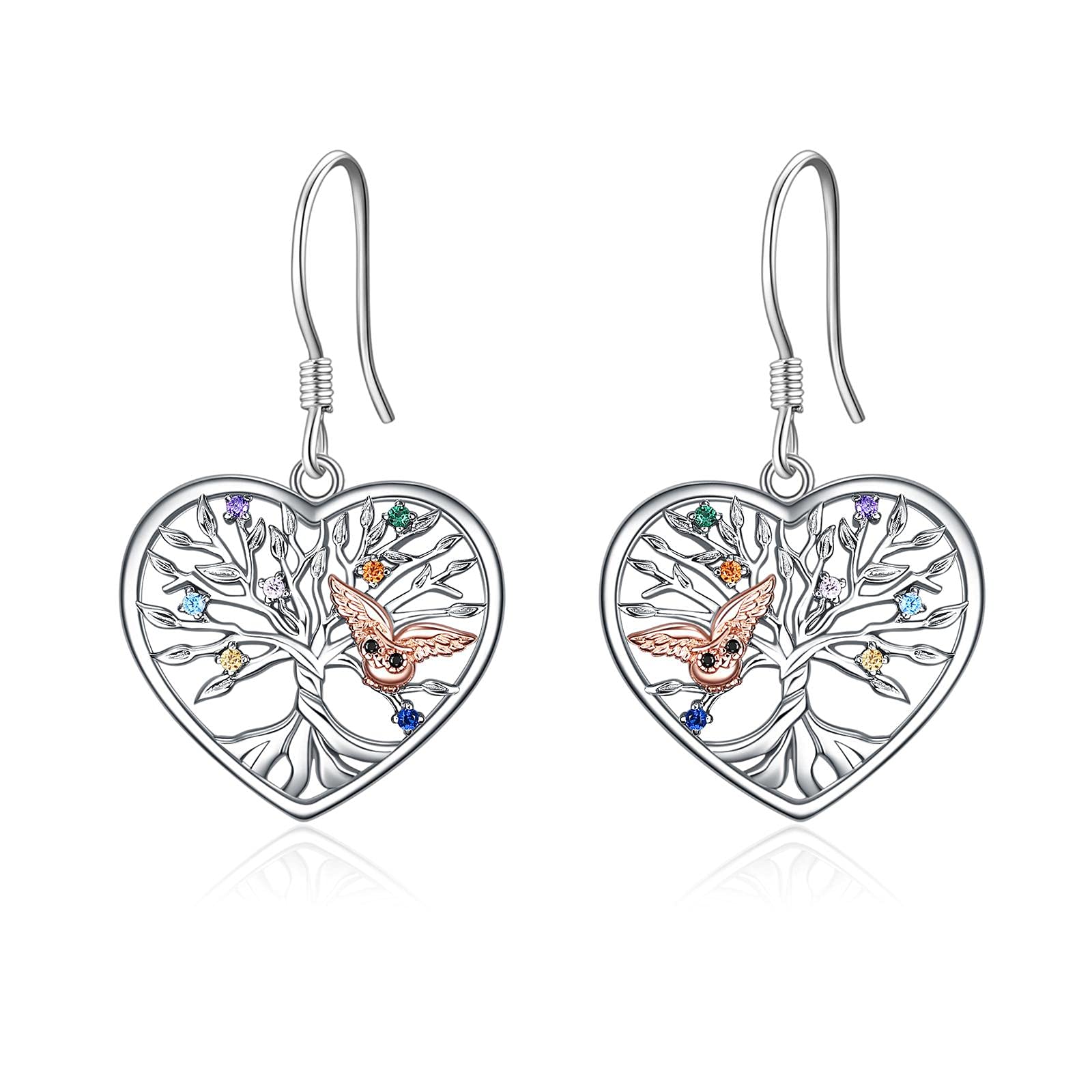 Tree of Life Drop Earrings Owl Heart Shaped Dangle Earrings 925 Sterling Silver Jewellery Gift for Women Mum Mother Friends Girlfriend (Owl Tree of Life)