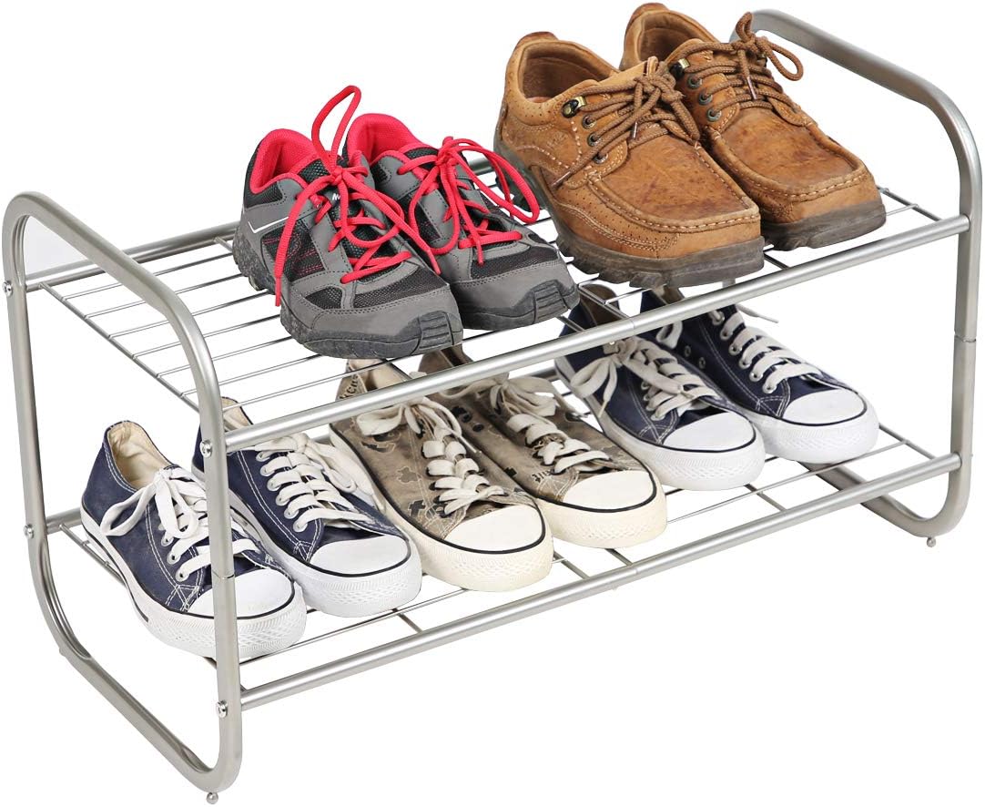 2-Tier Shoe Rack, Shoe Shelf Storage Organizer, Metal Wire Grid Shoe Rack for Bedroom Hallway and Entryway