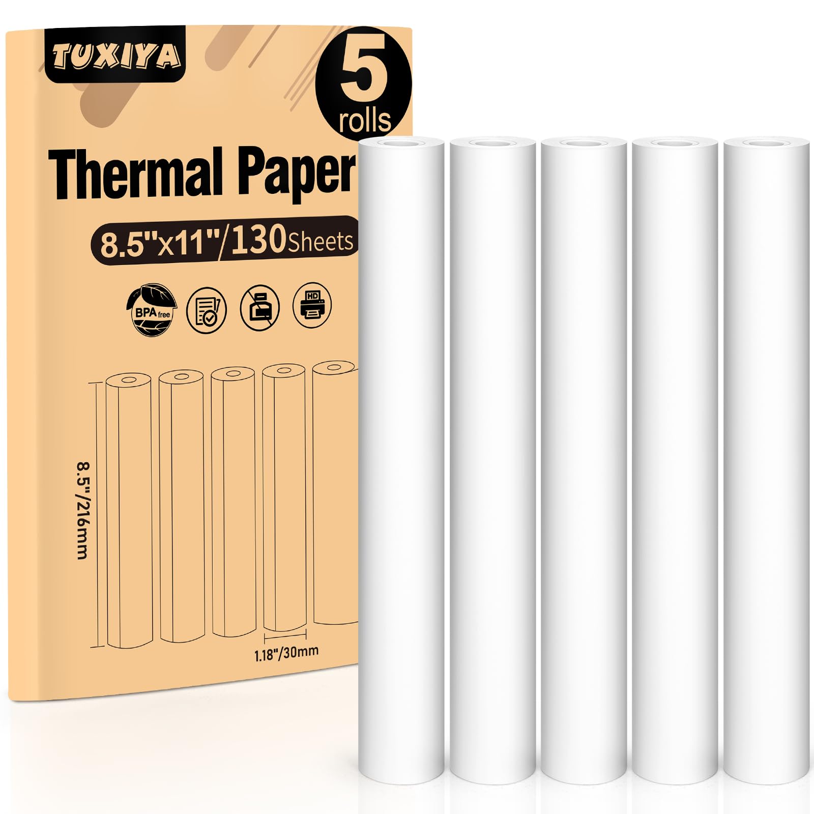 Photo 1 of TUXIYA 5 Rolls Thermal Printer Paper 8.5"x11" US Letter Size, BPA free Quick-Dry Thermal Paper,Thermal Printing Paper Rolls Compatible Most Portable Printers(About 130 Sheets)