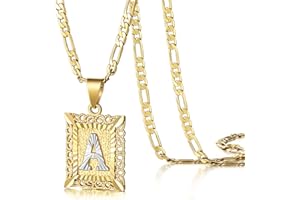 KissYan Initial Letter Pendant Necklace for Mens Womens, 18K Gold Plated Square Capital Monogram Necklace Alhpabets from A-Z Figaro Chain Necklace