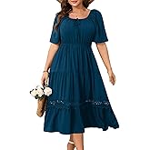 RWJ Women's Plus Size Maxi Dress Short Sleeve Square Neck Flowy A-Line Lace Trim Flutter Party Casual Off Shoulder Dresses