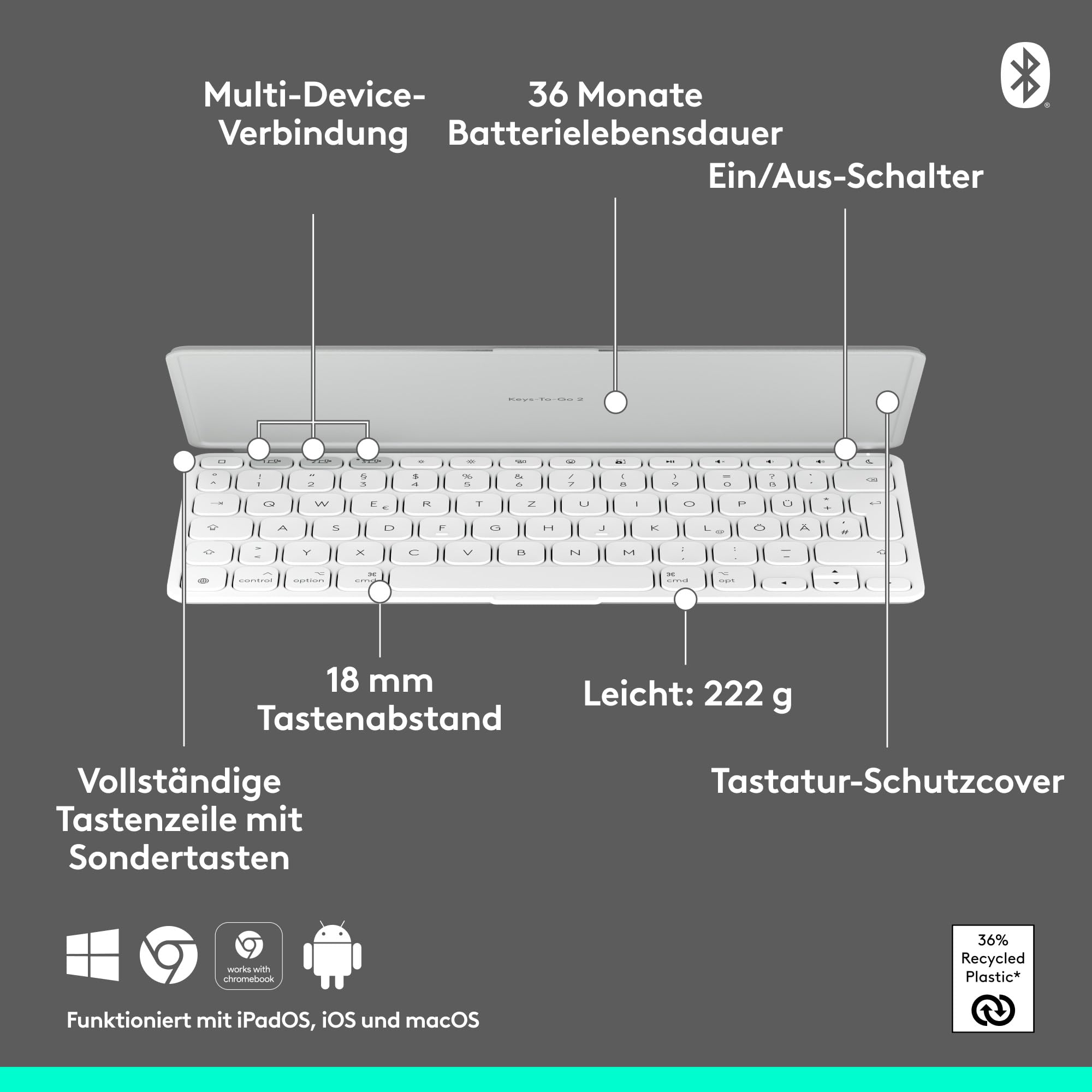 Logitech Keys-To-Go 2, mobile kabellose Tastatur für iPad mit integriertem Schutzcover, schlanke und kompakte, für iPad, iPhone, Mac und Apple TV, einfacher Gerätewechsel, DEU QWERTZ-Layout - Hellgrau 6