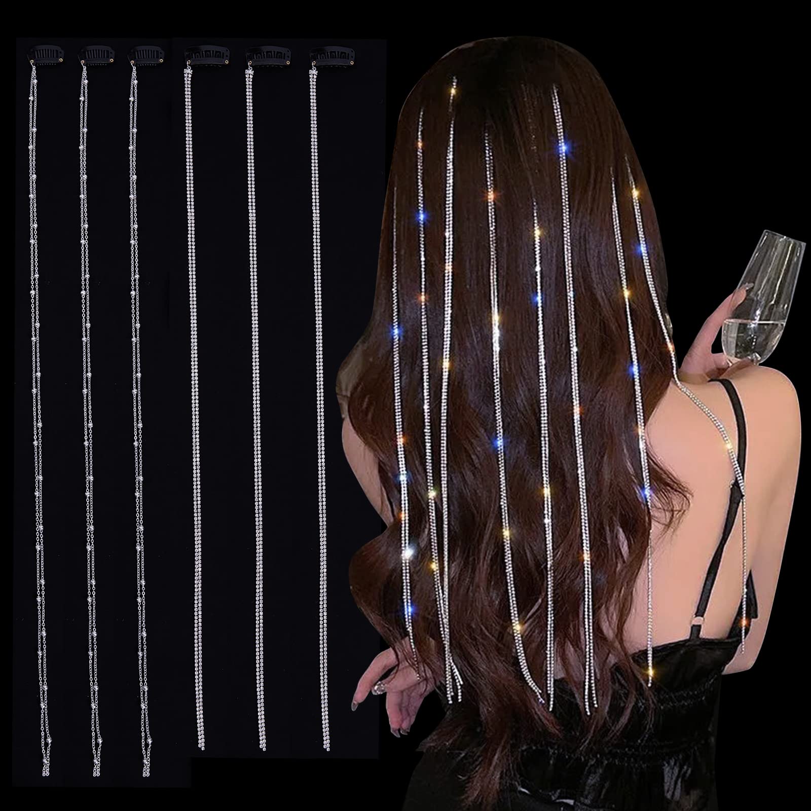 NICENEEDED 6Pcs Silver Hair Chains for Women, Punk Crystal Tassel Hair Clips Chains, 17.7 Inch Long Rhinestones Hair Barrettes Extensions Hair Accessories for Womens Daily Wear Halloween