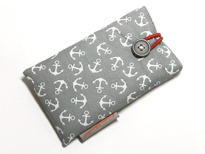 Handytasche aus Stoff - ANKER AUF GRAU - mit Knopf passend für SAMSUNG® Galaxy® S10, S9, S8, S7 edge, A8, A6 und J7 - gepolst