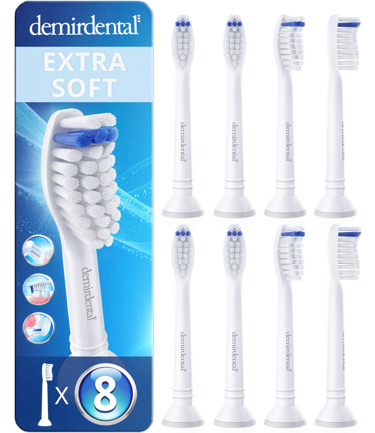 8 Pack demirdental Brush Heads Compatible for Philips Sonicare Toothbrush Heads, Extra Soft Replacement Heads, White, HX6058e