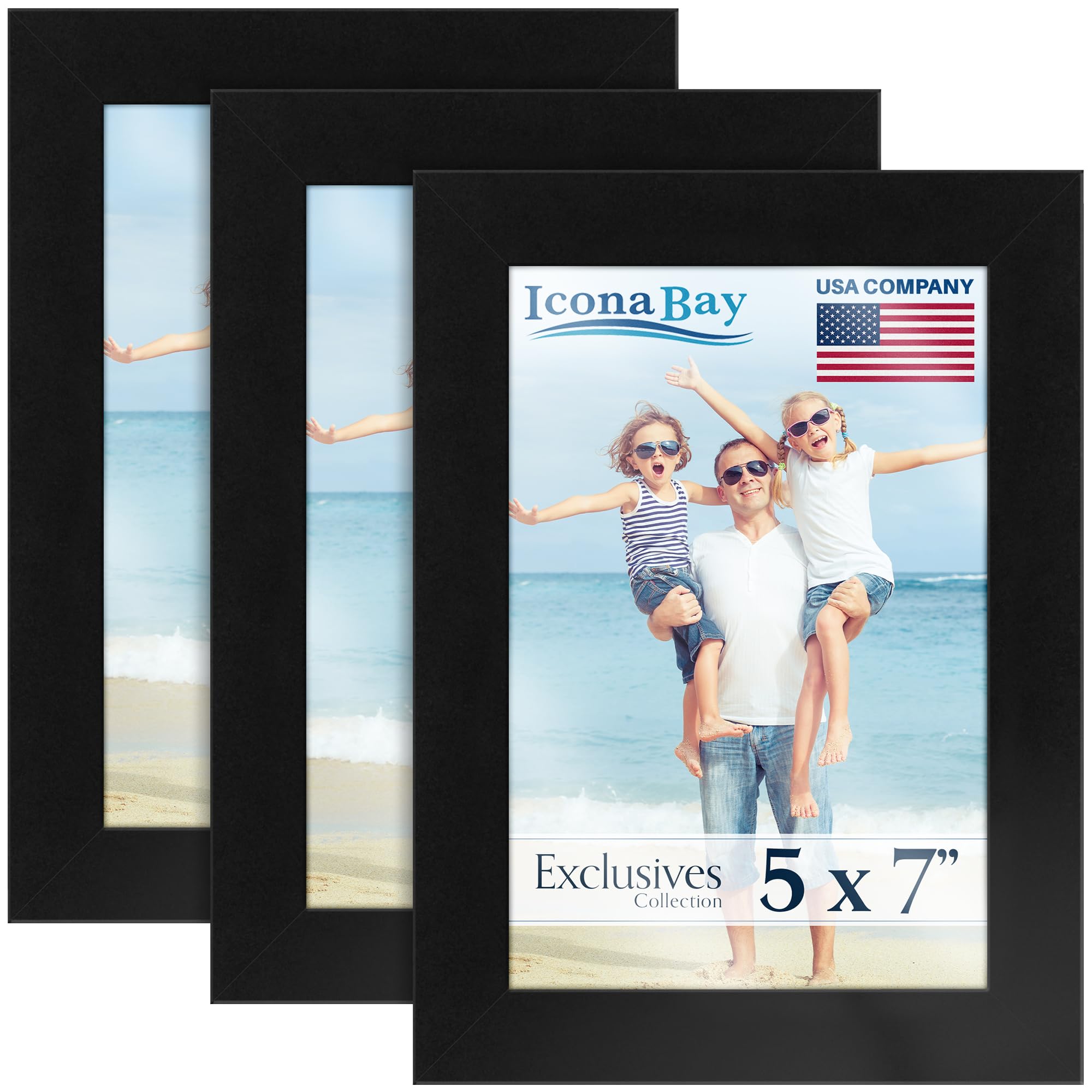 Icona Bay - 7x5 Picture Frames - Black, 3 Pack - Sturdy Engineered Wood Photo Frames 7 x 5 - Sleek Design, Table Top or Wall Mount - Exclusives Collection