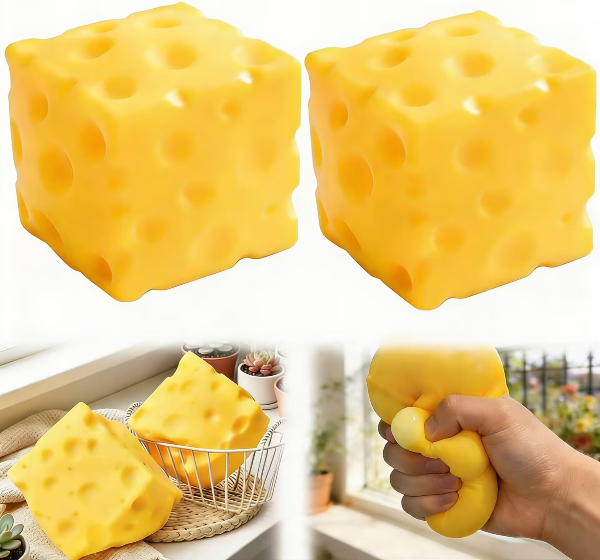 Cheese Squishy, 2 Pcs Cute Squishy Cheese Toy, Soft Squeeze Stress Ball Toy, Slow Rebound Sensory Fidget Toy Relieves Stress for Kids and Adults Home Office Travel