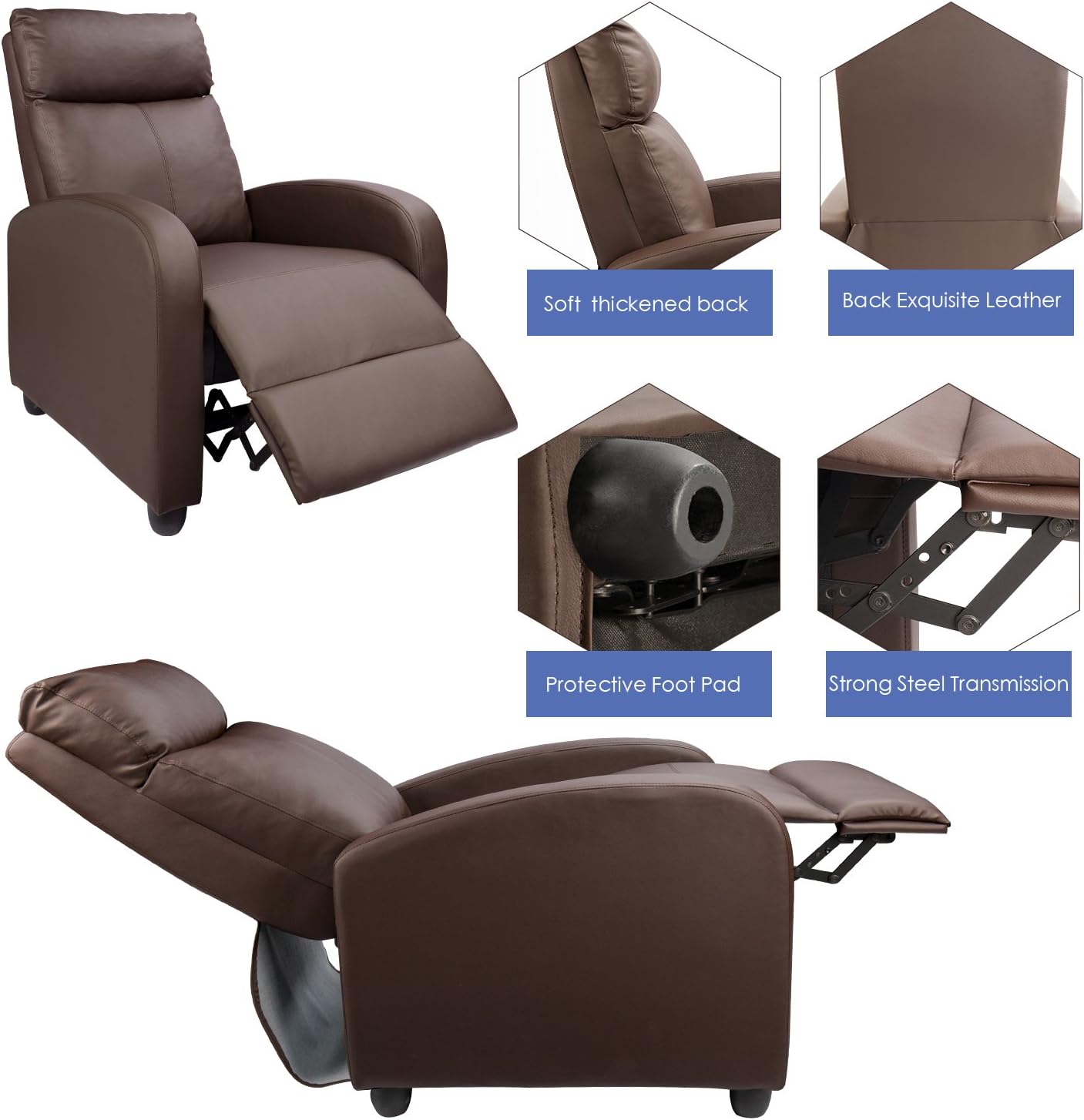 Devoko Recliner Chair Massage Home Theater Seating PU Leather Modern Living Room Chair Padded Cushion Reclining Sofa (Brown): Kitchen & Dining