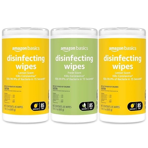 AMAZON BASICS WIPES, LEMON & FRESH SCENT, SANITIZES, CLEANS & DEODORIZES, 255 COUNT (3 PACKS OF 85)
