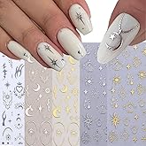 6 Pcs Sun Moon Star Nail Stickers for Nail Art, 3D Self-Adhesive Gold Silver Gothic Nail Decals, Boho French Nail Supplies Nail Art Design Accessories for Women and Girls Manicure DIY Decoration