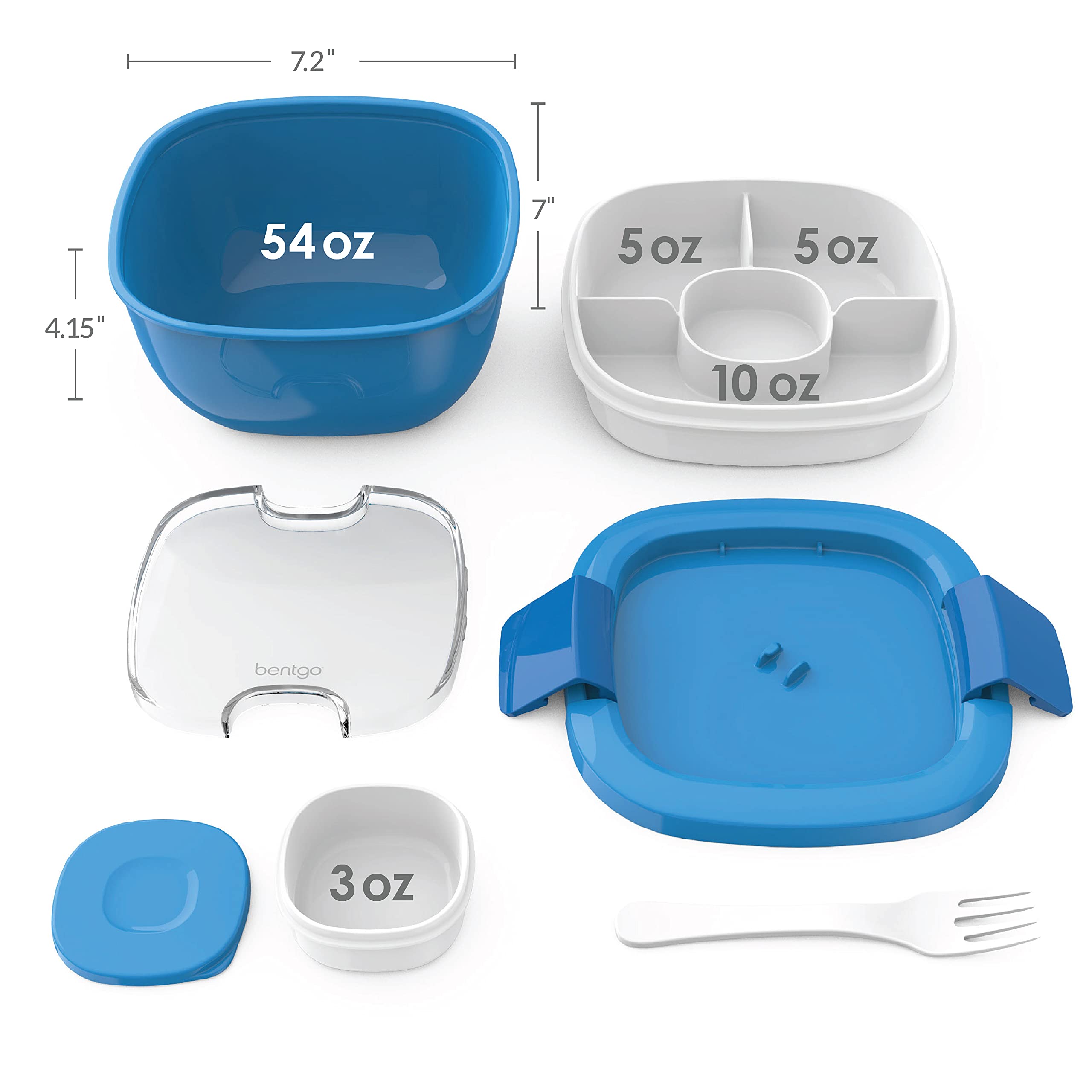 Bentgo Salad - Stackable Lunch Container with Large 54-oz Salad Bowl, 4-Compartment Bento-Style Tray for Toppings, 3-oz Sauce Container for Dressings, Built-In Reusable Fork & BPA-Free (Blue)