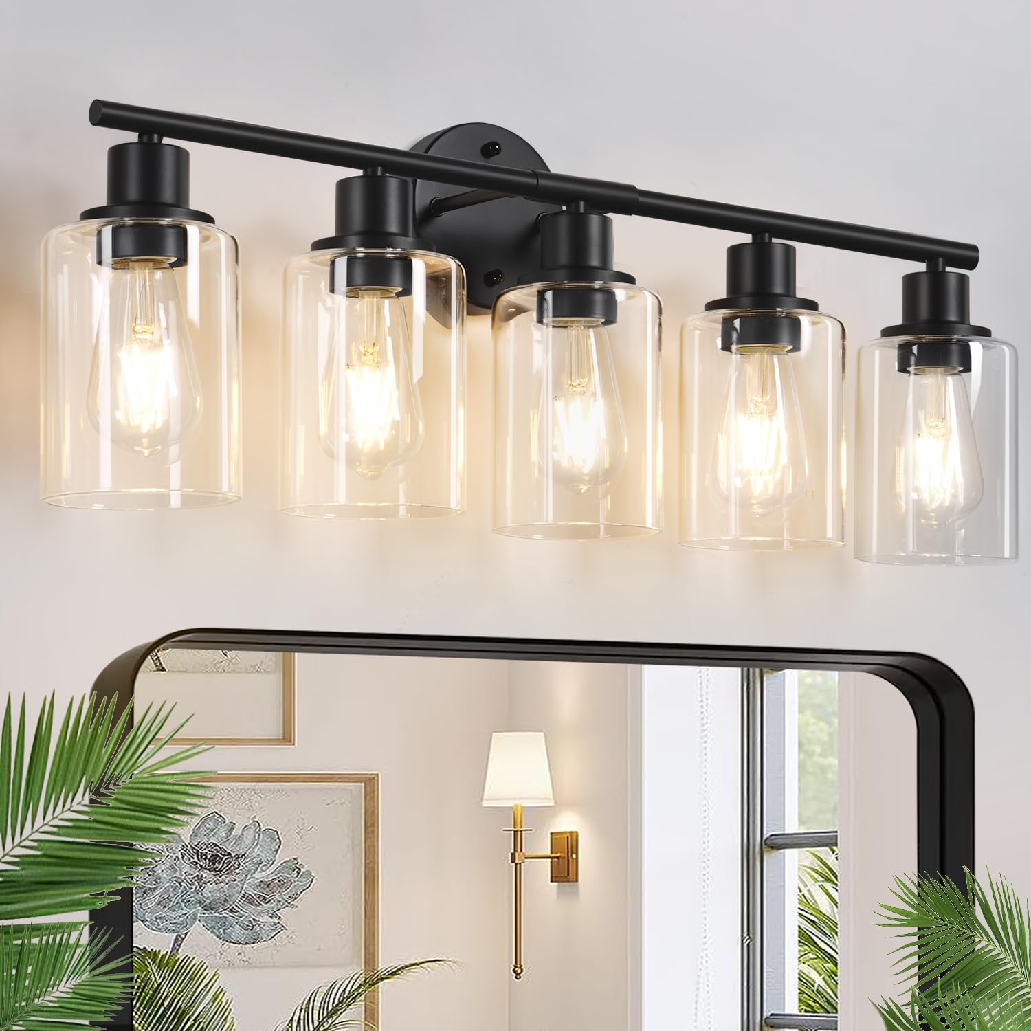 Zarbitta 5-Light Bathroom Light Fixtures, Black Modern Vanity Lights with Clear Glass Shade, Bathroom Wall Lamp for Mirror Kitchen Living Room Hallway Cabinet Porch Image
