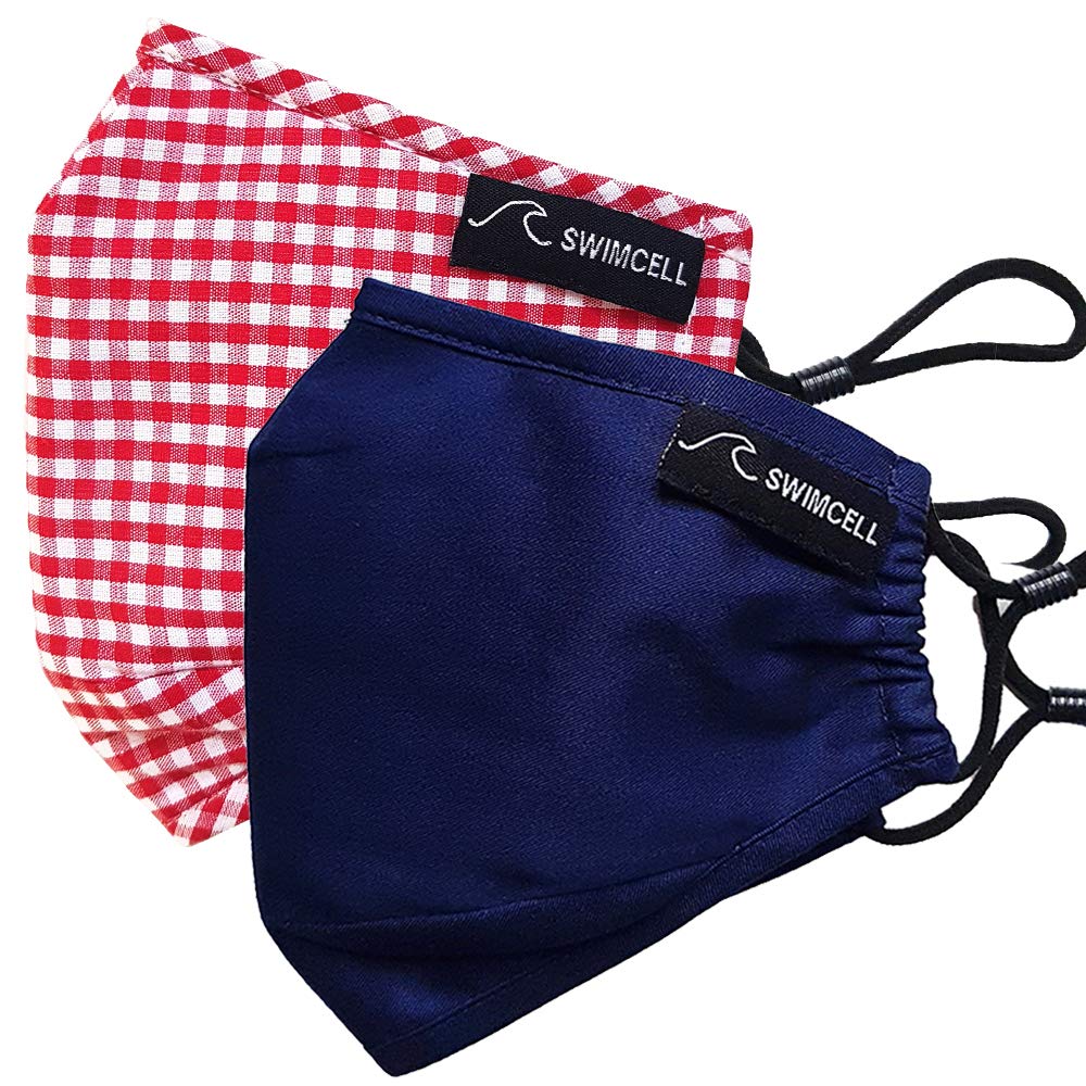 SwimCell Reusable Face Masks for Adults & Kids. 3 Layer Adjustable Face Masks for Glasses Wearers - Cotton Washable Face Mask With Filter Pocket & 4 x PM2.5 Filters - 2 Pack, Red & Navy
