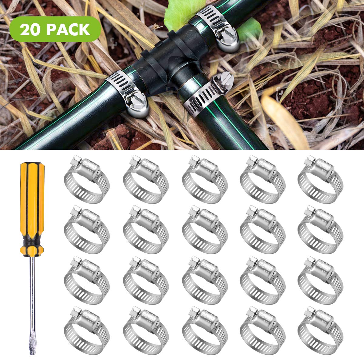HIRALIY 20 Pcs Drip Irrigation Tubing Hose Clamps 3/4 Inch 304 Stainless Steel Adjustable Worm Gear with Flathead Screwdriver