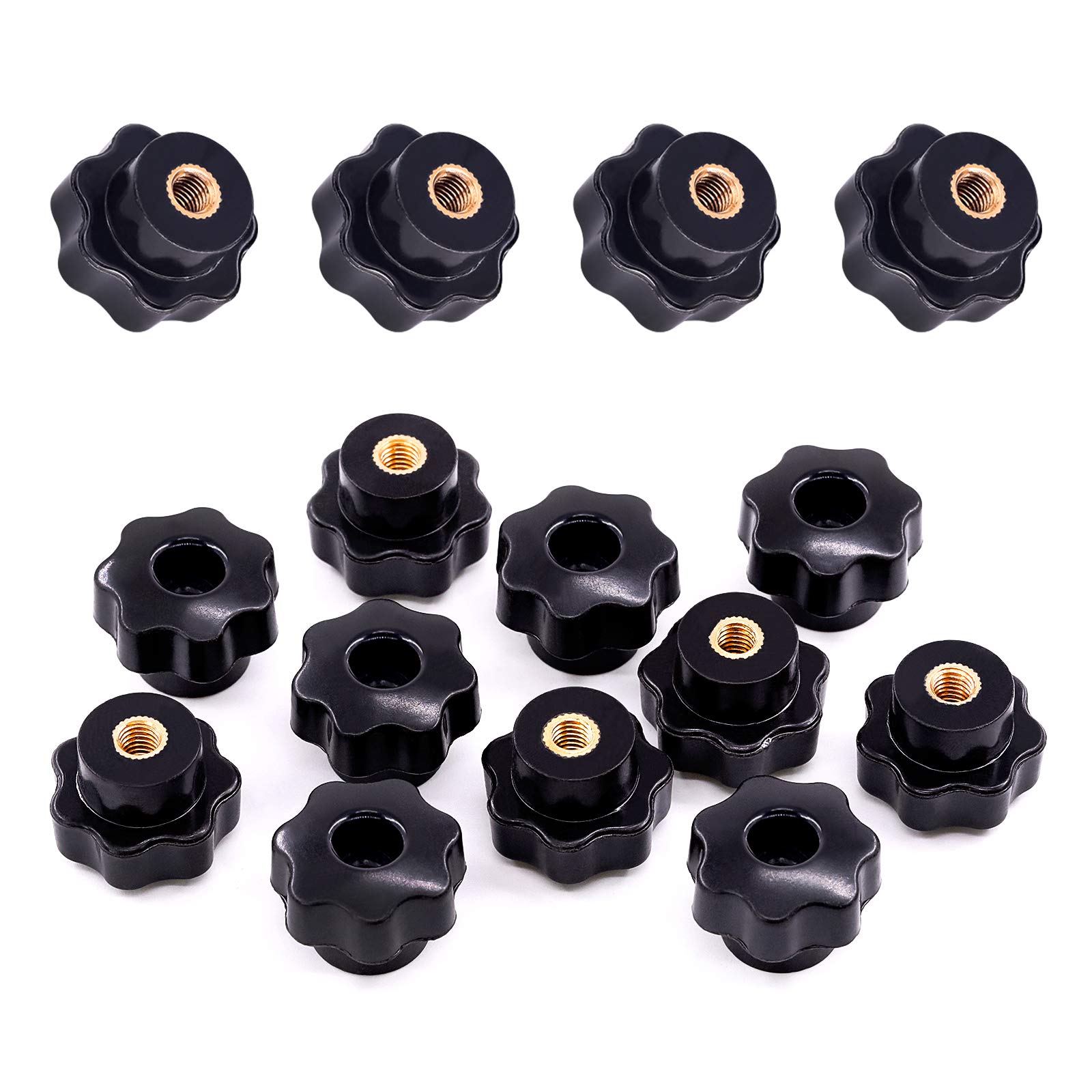 Swpeet S1439 15Pcs M6 7 Star Through Hole Knob Female Thread Nut Clamping Knob Grip Assortment Kit, Star Shape Hand Knobs Black Plastic Screw-On Handle Clamping Knob for Mechanical Equipment (M6)