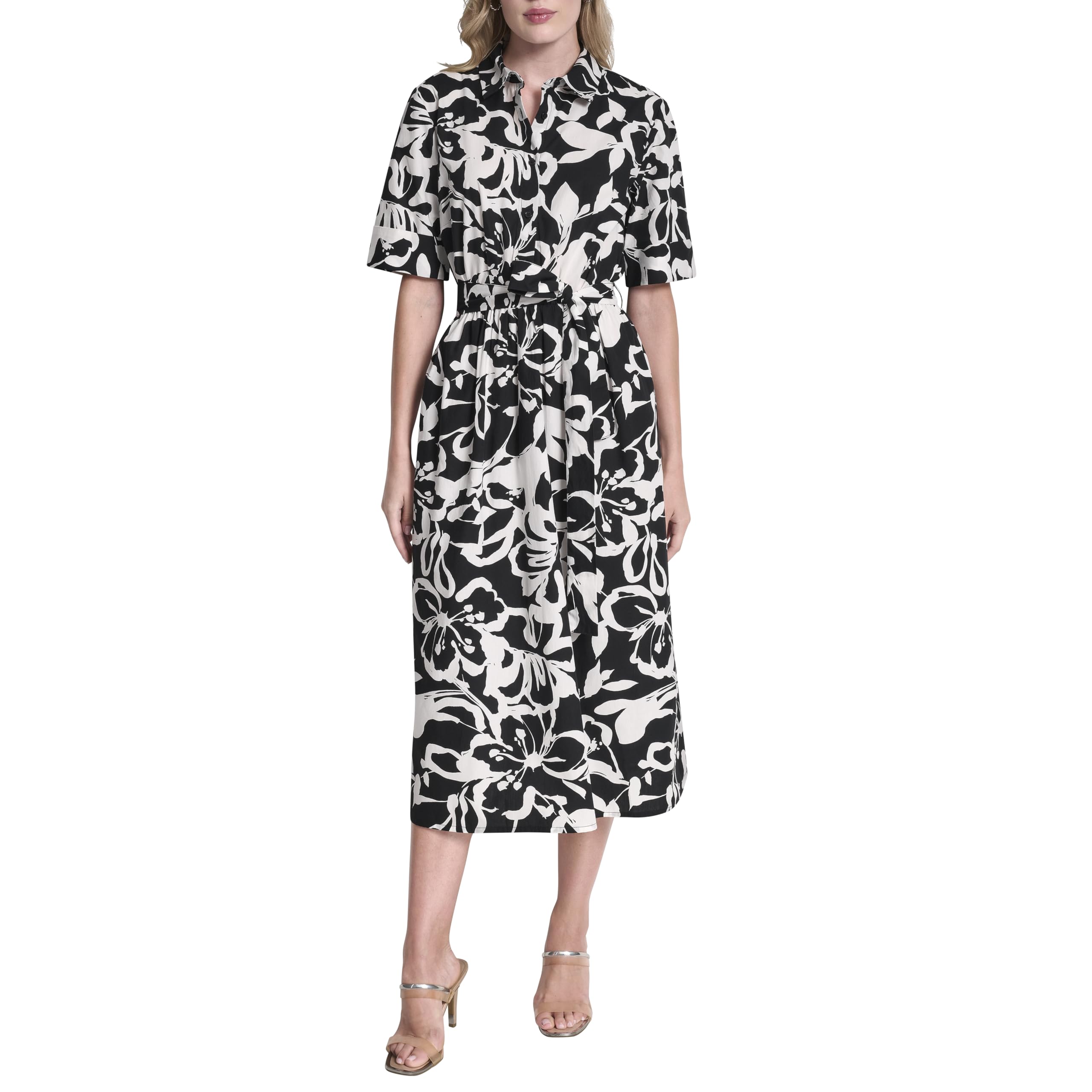 DKNY Women’s Short Sleeve Cotton Poplin Collared Shirtdress, Black/Ivory, 14