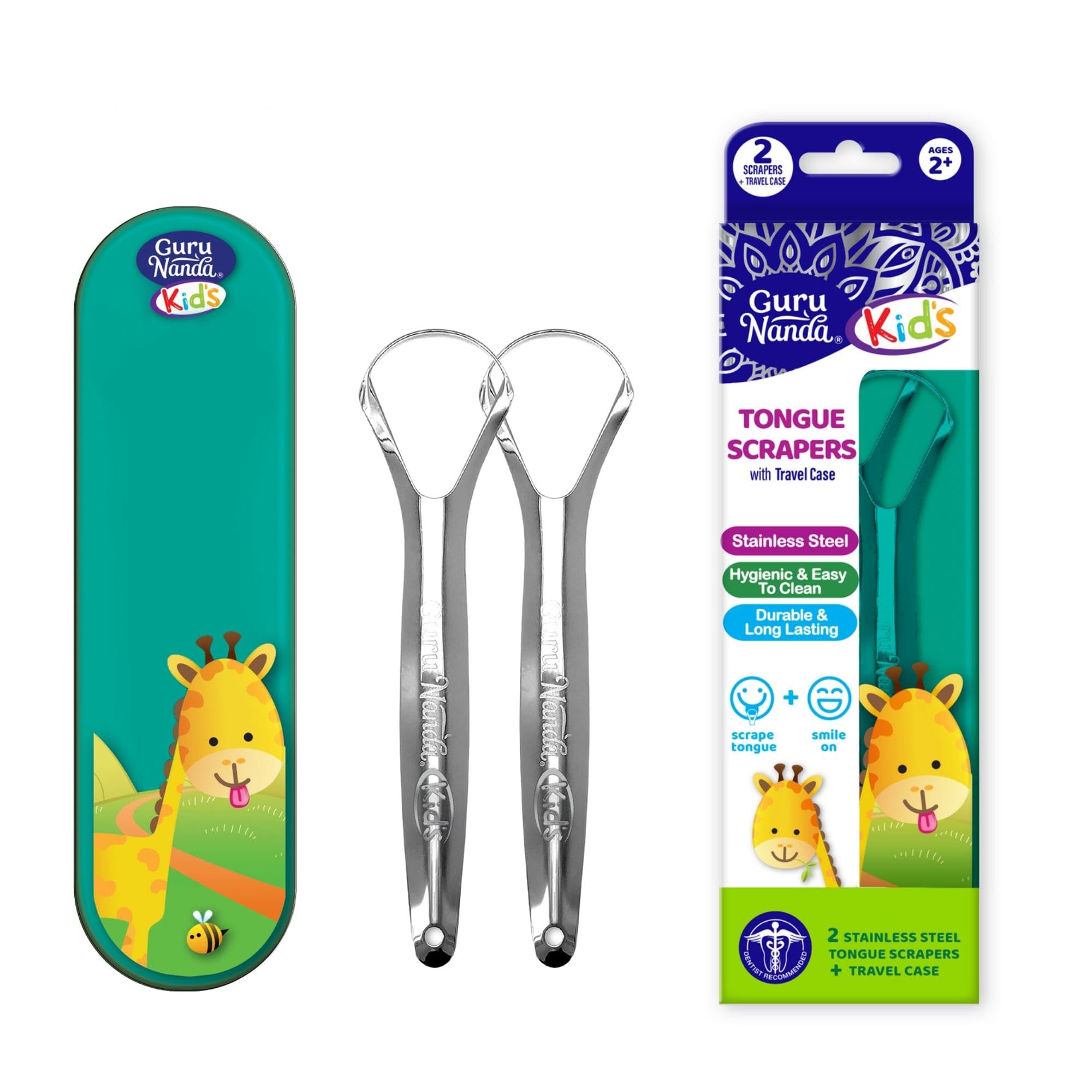 Photo 1 of GuruNanda Kids Tongue Scraper (2-Pack) with Travel Case, Stainless Steel, Aids in Fresh Breath - Travel-Friendly Tongue Cleaner (Green/Pink/Orange)