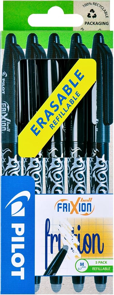 Pilot Frixion Erasable Rollerball Pen Set 5 Pack Black 0.7 mm