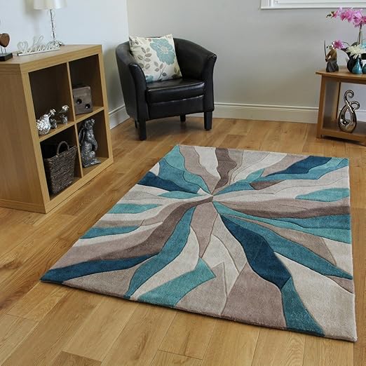 The Rug House Teal & Beige Wave Design High End Quality Modern Living Area Mats 3 Sizes Banbury