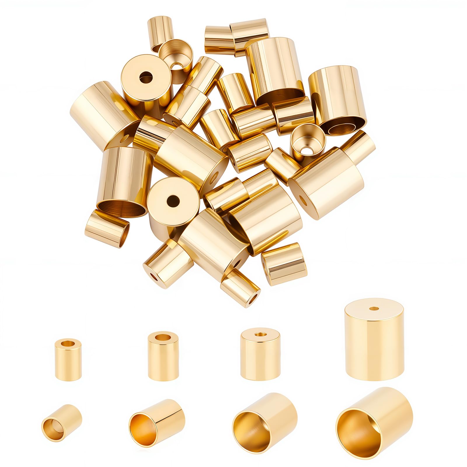 CREATCABIN 40Pcs 4 Sizes 24K Gold Plated Brass Cord Ends Metal End Caps 3mm 4mm 5mm 7mm for DIY Jewelry Making Bracelet Necklace Leather Terminators End Caps