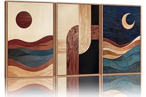 SIGNINART Boho Mid Century Modern Framed Canvas Wall Art, Bohemian Geometric Wall Decor, Abstract Sun and Moon Artwork,Beige and Black Wooden Art Paintings for Living Room Bedroom Office 16"x24"x3